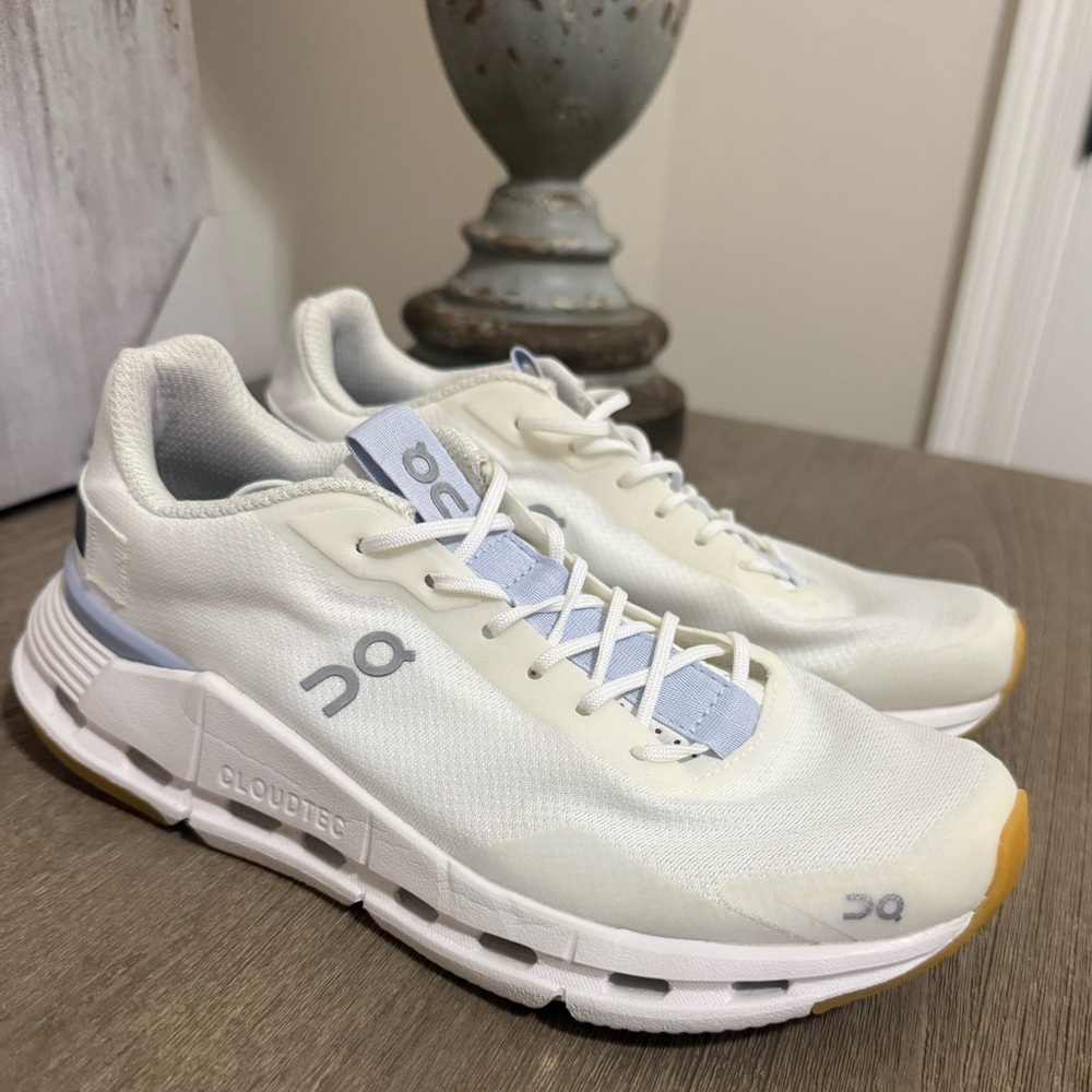 On Running Cream and Blue Sneakers